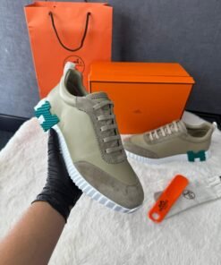 Hermes Bouncing Sneakers Khaki Leather, Blue Logo